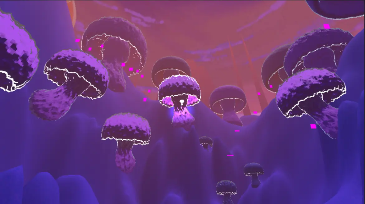 Purple mushrooms, the one being looked at is lit up